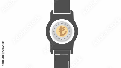 Animated currency coin on hand clock face. Coins and Dollar cent Sign isolated on white background. Flat design style. Business concept.