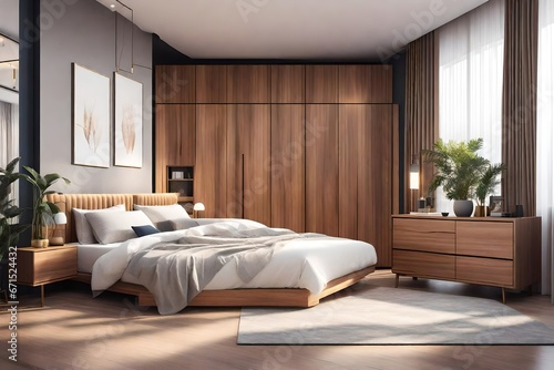 A spacious modern bedroom interior captured in a realistic photographic style © usama