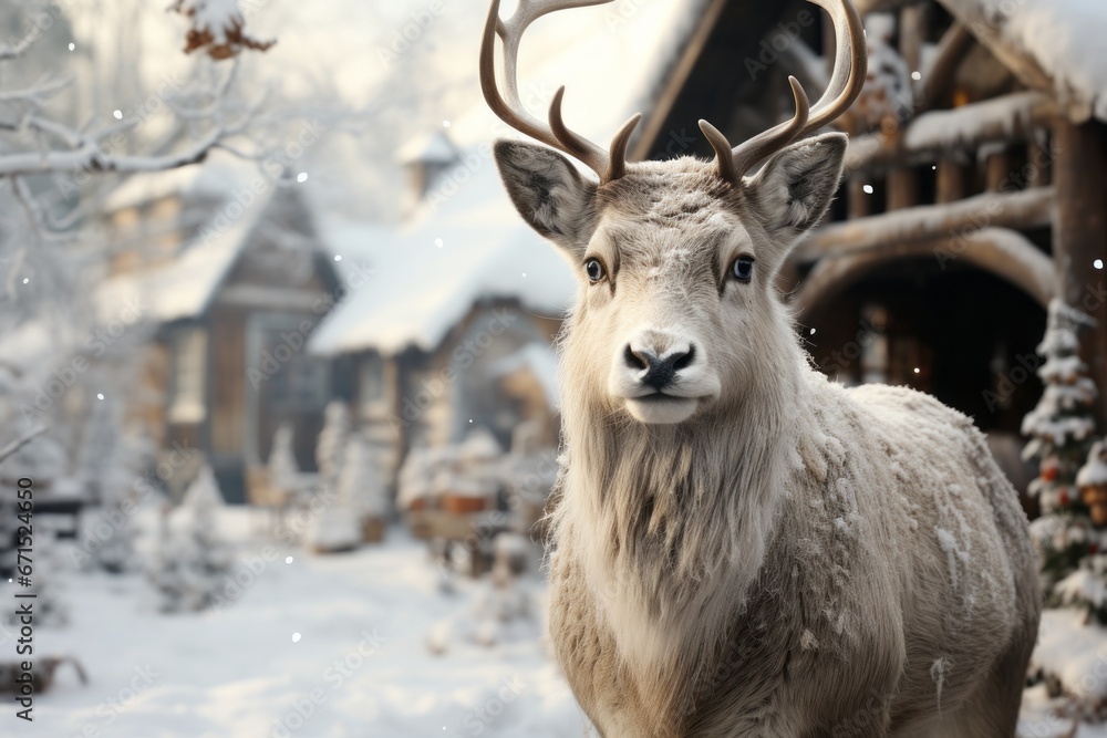 Christmas village covered in snow with a beautiful reindeer Christmas village covered in snow with a beautiful reindeer