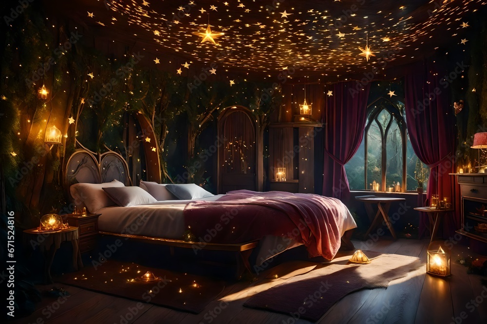 An enchanting fairy tale bedroom with a heart-shaped bed, the room surrounded by a magical forest