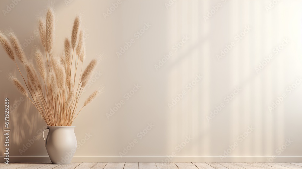 Soft wheat grasses in vase on empty beige wall with light reflection. Calming beige hues. Neutral tones and minimalist aesthetic serene scene. The crop grass with natural elegance and simplicity.