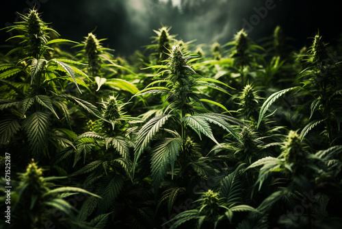 Hemp plants growing on a plantage field  medical marijuana  cannabis leaves  alternative medicine  narcotic drug