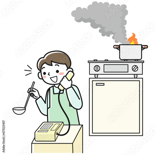 鍋を火にかけたまま電話で話し込む男性