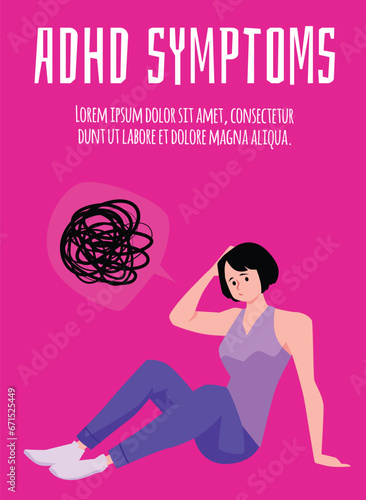 Woman with adhd symptoms, suffers from obsessive thoughts, confusion, psychological stress, mind disorder vector poster