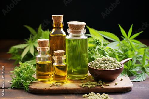 Hemp oil and alternative medicine in jar, medical marijuana, cannabis leaves, narcotic drug