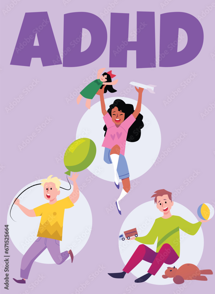 ADHD Attention Deficit Hyperactivity Disorder in children flat vector illustration. ADHD Attention Deficit Hyperactivity Disorder in children flat vector illustration.
