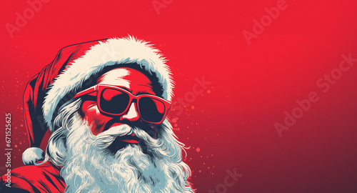 santa wearing sunglasses portrait on red background with snow, vintage retro style print, with copy text space photo