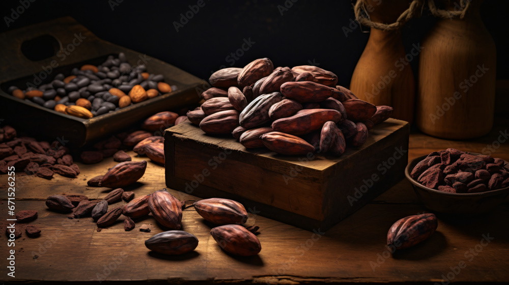 Raw Cocoa beans and cocoa pod on a wooden surface - obrazy, fototapety, plakaty 