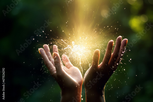 A dazzling light filled with happiness, hope, and love radiates from the woman's palm. It symbolizes the growth of living life freely and achieving the ideal. Concept for lifestyle and self-growth.