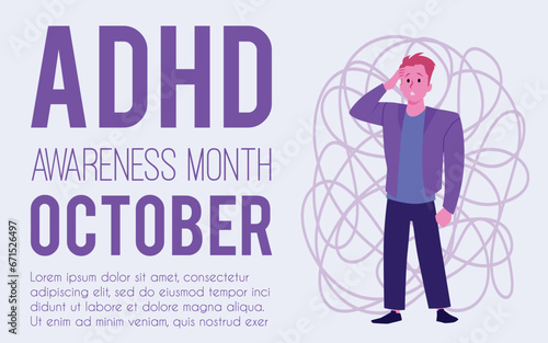 Man with adhd symptoms, suffers from obsessive thoughts, confusion, psychological stress, mind disorder vector poster
