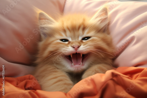 Whimsical Orange Kitty on Fluffy White Pillow