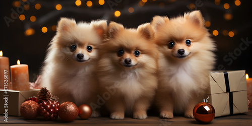 Pomeranian dogs in front of Christmas tree with gift boxes. Pomeranian Dogs Celebrating Christmas with Gifts