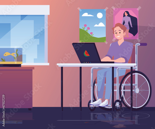 Man with disability in wheelchair working at table flat vector illustration.