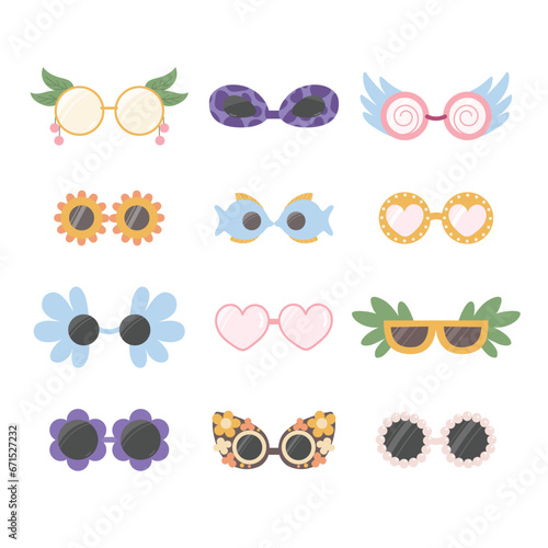 Set of unusually shaped glasses. Playful, circus, festive sunglasses