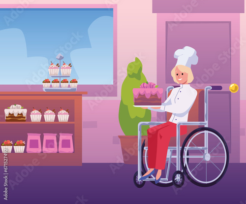 Disabled confectioner woman in wheelchair with a delicious cake in hands, cafe workplace, disability employment vector