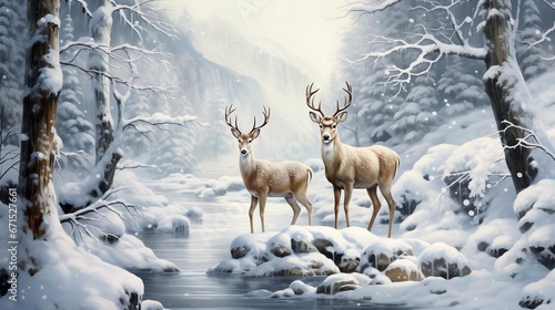 Winter wonderland with majestic deer near a snowy forest and river
