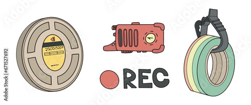 filmmaking line art doodle set -  vintage film reel, walkie talkie, 'REC' button, and a multicoloured gaffer tape. Perfect for cinematic, cinema and entertainment design