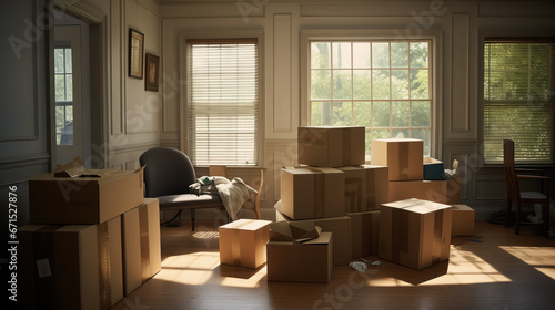Sunlit room filled with moving boxes.