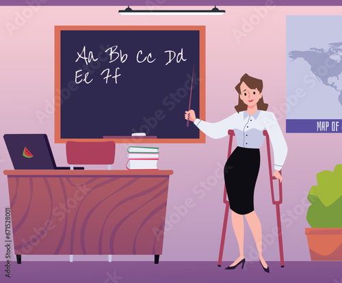Teacher on crutches teaches a lesson at school, handicapped female at workplace, vector disabled people employment