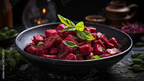 
Beetroot gnocchi with sage in a black bowl.