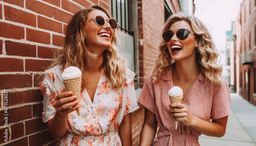 Girlfriends laughing and eating ice cream. Two young women standing together laughing and eating ice cream. Happy young female friends with icecream enjoying together on a summer day. Holiday concept photo