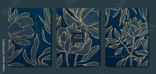 Vector art deco, luxury golden floral covers. Line japanese style leaves and flowers, nature texture patterns, cover, flyer templates. Elegant wavy vintage brochures