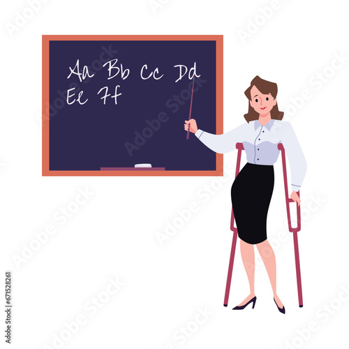 Disabled female teacher, flat vector illustration, isolated on white.