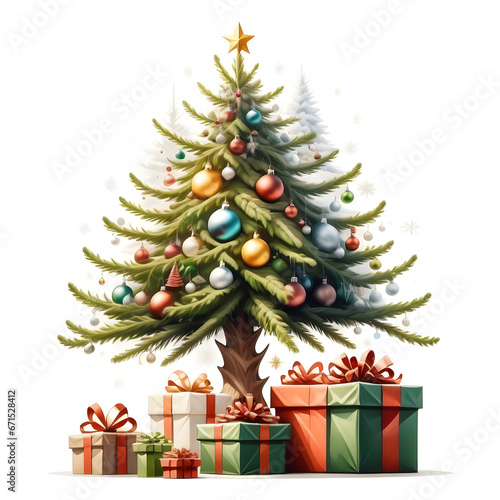 Christmas Tree with Gifts and Baubles on Isolated White Background