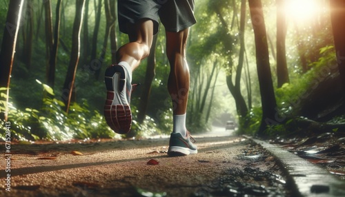 Runner Sprinting on Forest Trail in Morning Sunlight