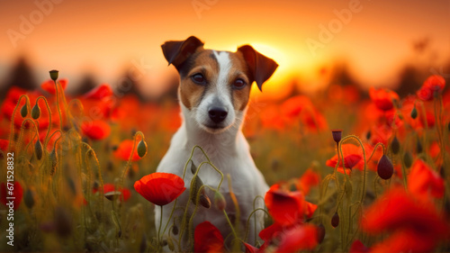 Jack russell terrier dog in poppies field at sunset photo