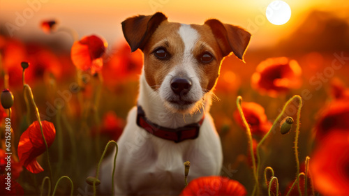 Jack russell terrier dog in a poppy field at sunset