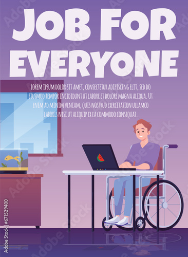 Young disabled man in wheelchair working, vector flat cartoon style