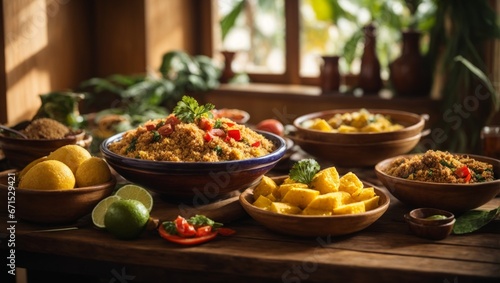 Typical Brazilian food illuminated by a window. Variety of recipes and ingredients placed in wooden and ceramic bowls on a wooden table, with a rustic style.