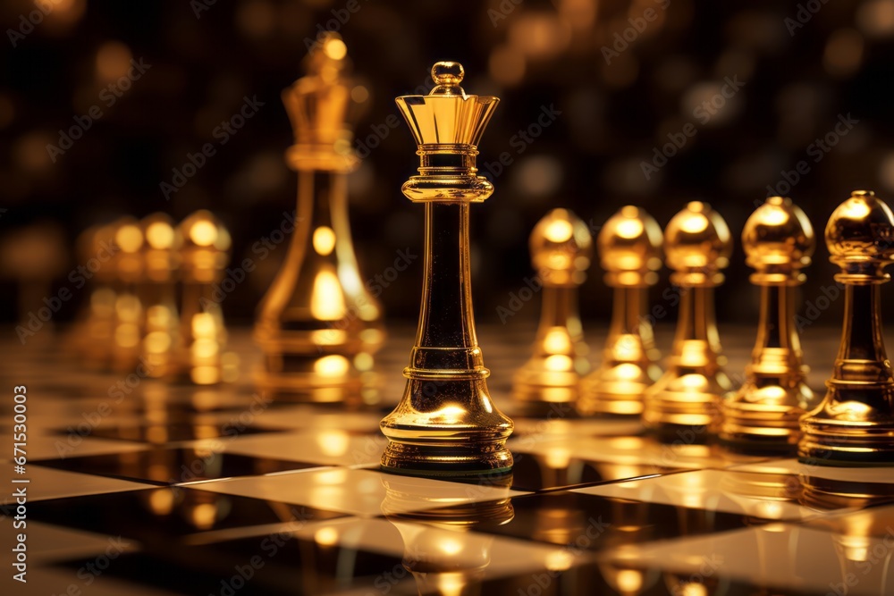 Strategic mastery and authority embodied in the golden king dominating the chessboard. Strategic mastery and authority embodied in the golden king dominating the chessboard.