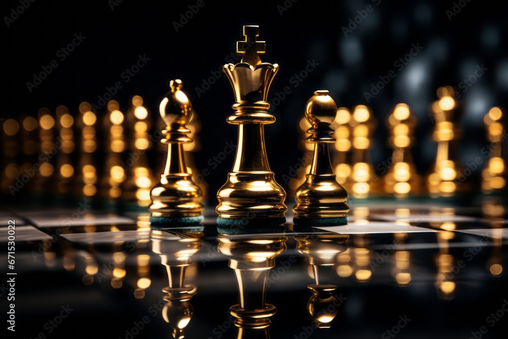 Strategic mastery and authority embodied in the golden king dominating the chessboard. Strategic mastery and authority embodied in the golden king dominating the chessboard.