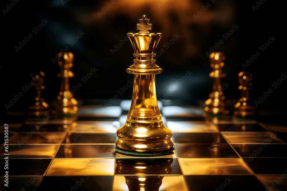 Strategic mastery and authority embodied in the golden king dominating the chessboard. Strategic mastery and authority embodied in the golden king dominating the chessboard.