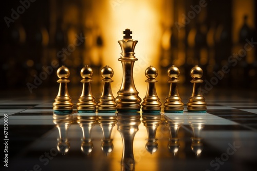 Strategic mastery and authority embodied in the golden king dominating the chessboard. © Phanida