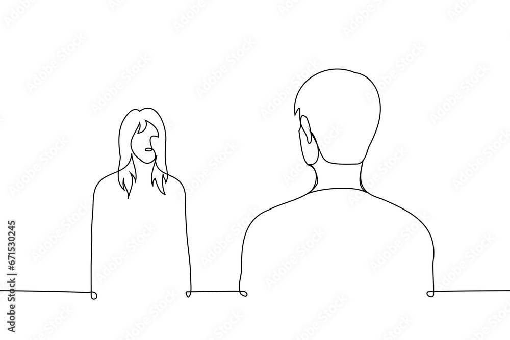 man and woman stand opposite each other, the man in the foreground with his back to the viewer - one line art vector. concept long-awaited meeting, first acquaintance, blind date man and woman stand opposite each other, the man in the foreground with his back to the viewer - one line art vector. concept long-awaited meeting, first acquaintance, blind date