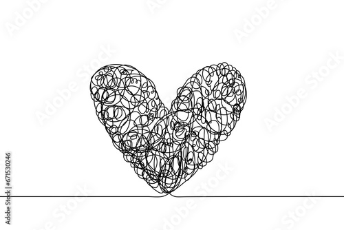 messy heart - one line art vector. concept confused heart, complex love feelings, dirty love