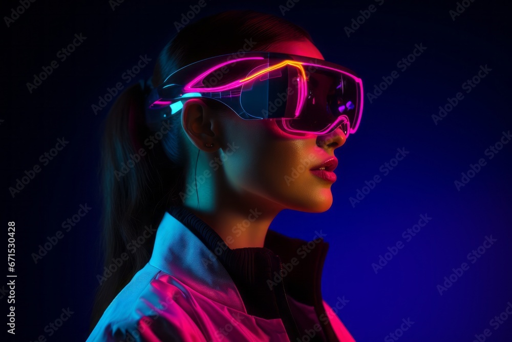 Woman with Augmented Reality Glasses in Neon Lighting Woman with Augmented Reality Glasses in Neon Lighting