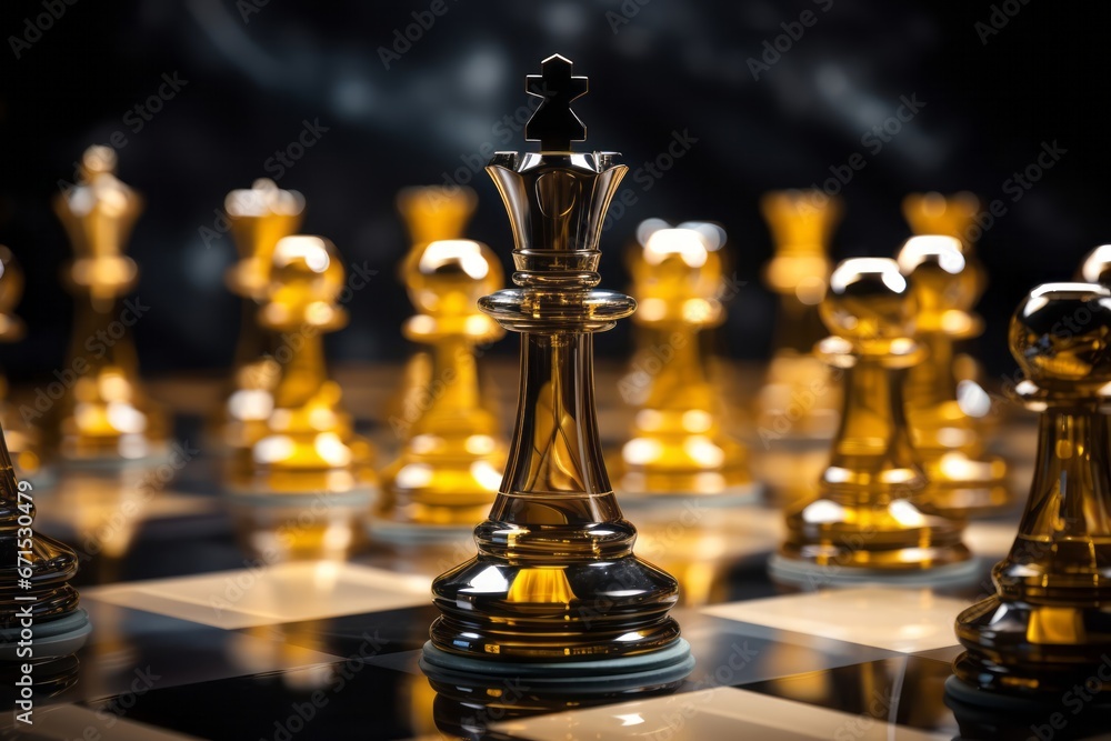 Strategic mastery and authority embodied in the golden king dominating the chessboard. Strategic mastery and authority embodied in the golden king dominating the chessboard.