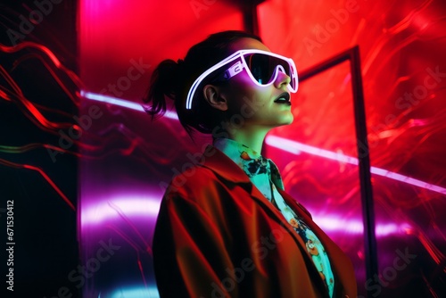 Woman in Augmented Reality Glasses with Neon Lights