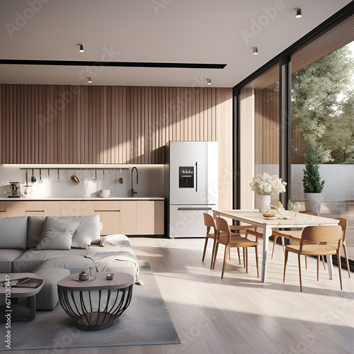 Stylish  Spacious Kitchen and Living Room with Refrigerator and Washing Machine  Overlooking a Cozy Dining Area with Wooden Ceiling  Next to an Open Balcony on a Sunny Day  Generative AI