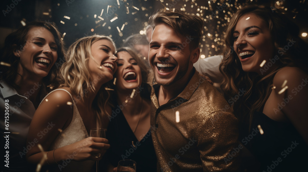 Attractive people laughing while dancing with friends. Group of men and women dancing at new years eve party at night club. Generative AI. Happy New Year! - obrazy, fototapety, plakaty 