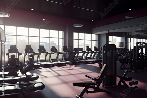 Modern of gym interior with equipment. Sports equipment in the gym. Neural network AI generated art