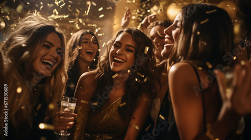 Attractive woman laughing while dancing with girlfriends. Portrait, champagne and clubbing with woman friends drinking alcohol in celebration of the new year or bithday. Generative AI. Happy New Year!
