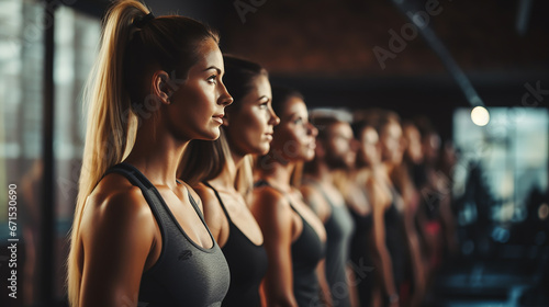 Fitness, laughing and friends at the gym for training, pilates class. Work out. Exercise at a club. Smile, sport in a group for a workout, cardio or yoga on a studio wall. High Quality photo. photo