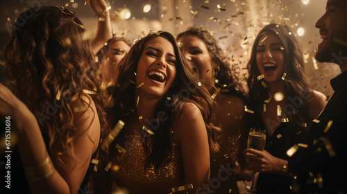 Attractive woman laughing while dancing with girlfriends. Portrait, champagne and clubbing with woman friends drinking alcohol in celebration of the new year or birthday. Generative AI. Happy New Year
