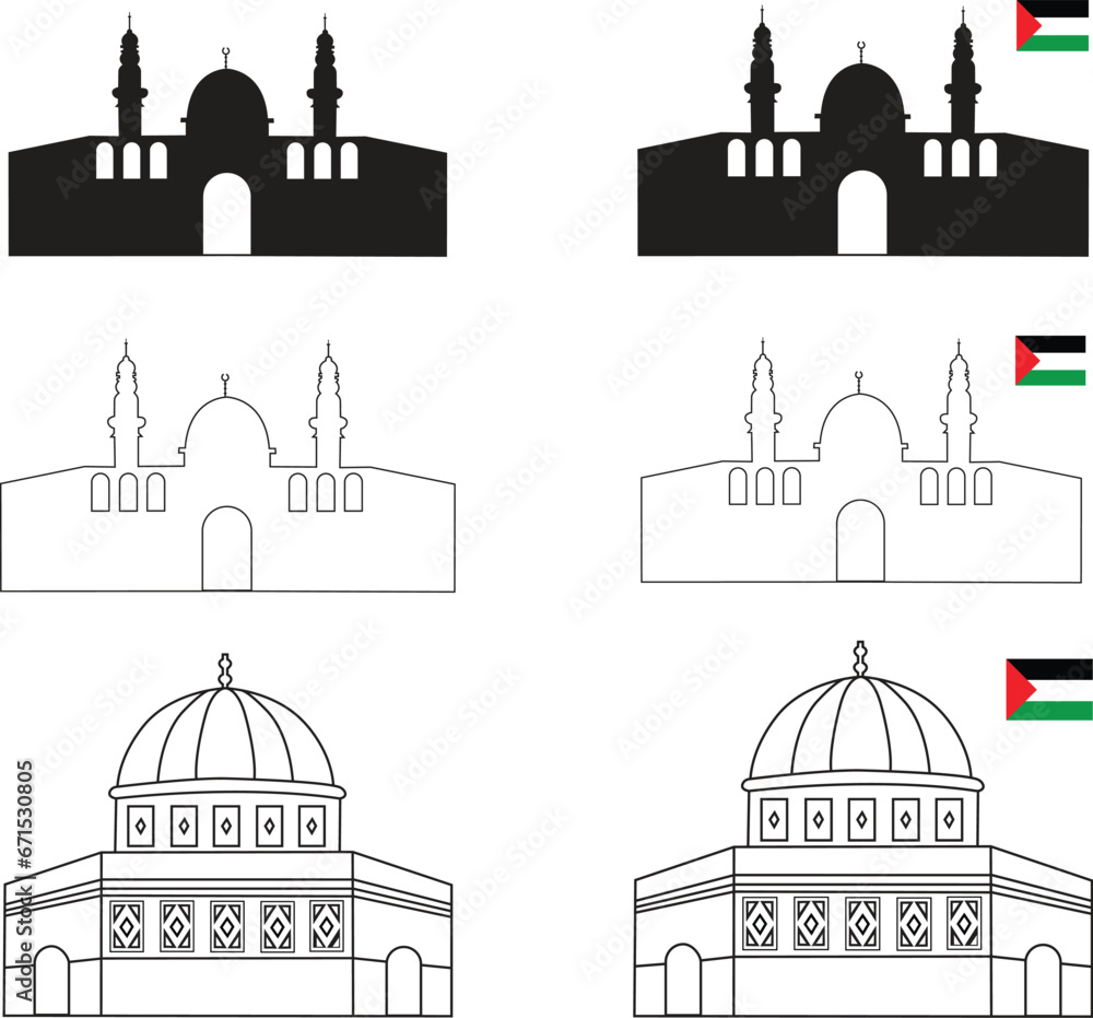 Set of Palestine al Aqsa mosque with Palestine flag flat icons, compound in the city of 