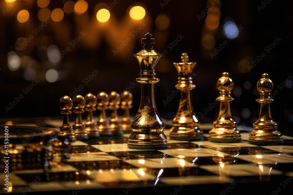 Strategic mastery and authority embodied in the golden king dominating the chessboard. Strategic mastery and authority embodied in the golden king dominating the chessboard.